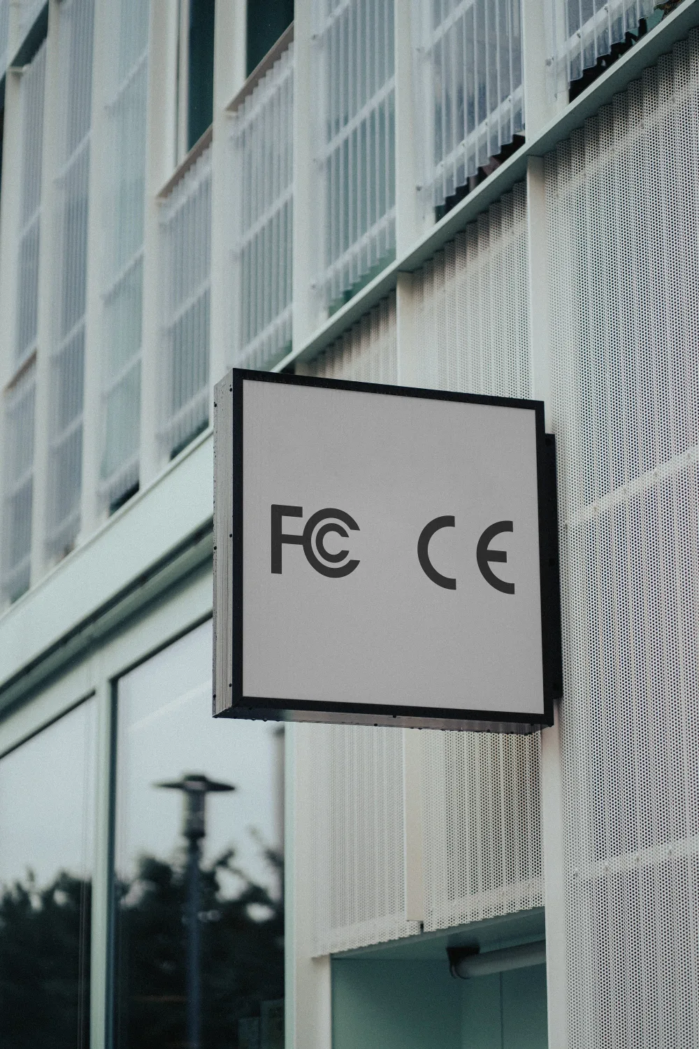 Square wall-mounted signage with a blank white surface framed in black, positioned on the exterior of a modern building with perforated metal and glass panels. Trees and a lamppost are visible in the background.