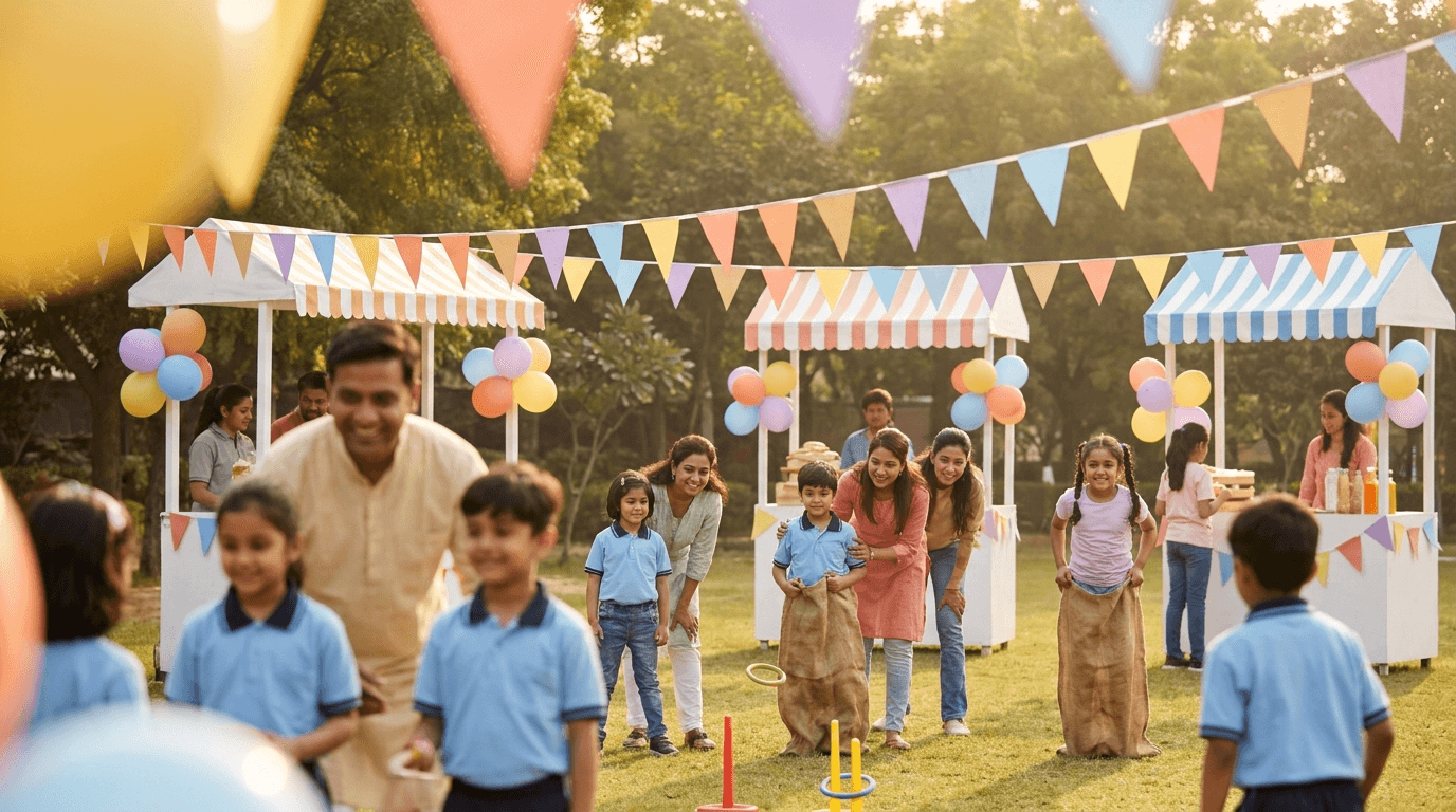 Families celebrating together at NCFE Indiranagar's Family Fiesta 2025 carnival