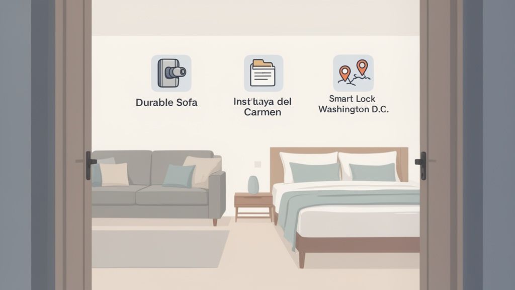 An open door shows a living room and bedroom, with icons above for 