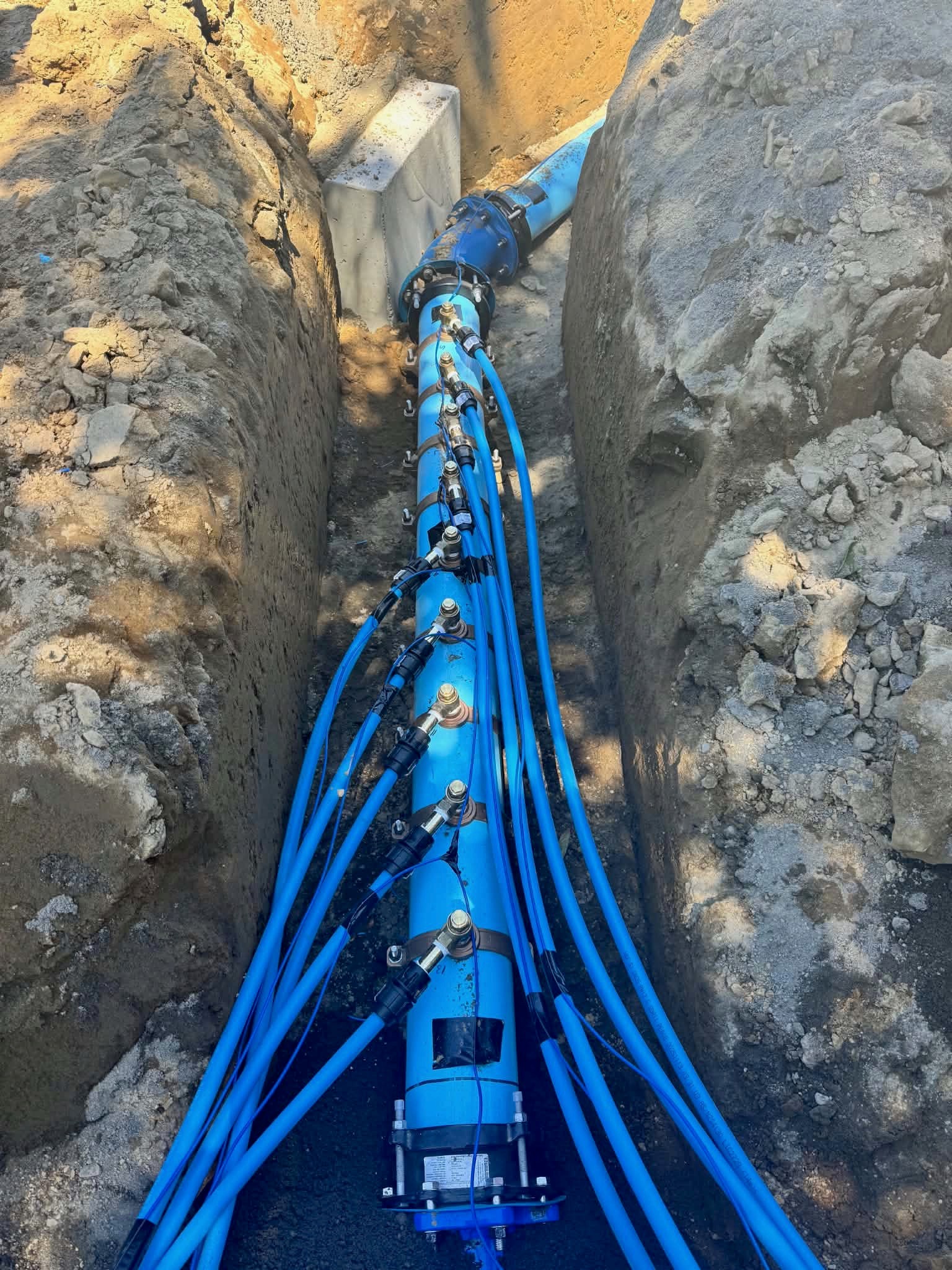 Blue water main with multiple smaller service pipes connected along its length in an excavated trench.