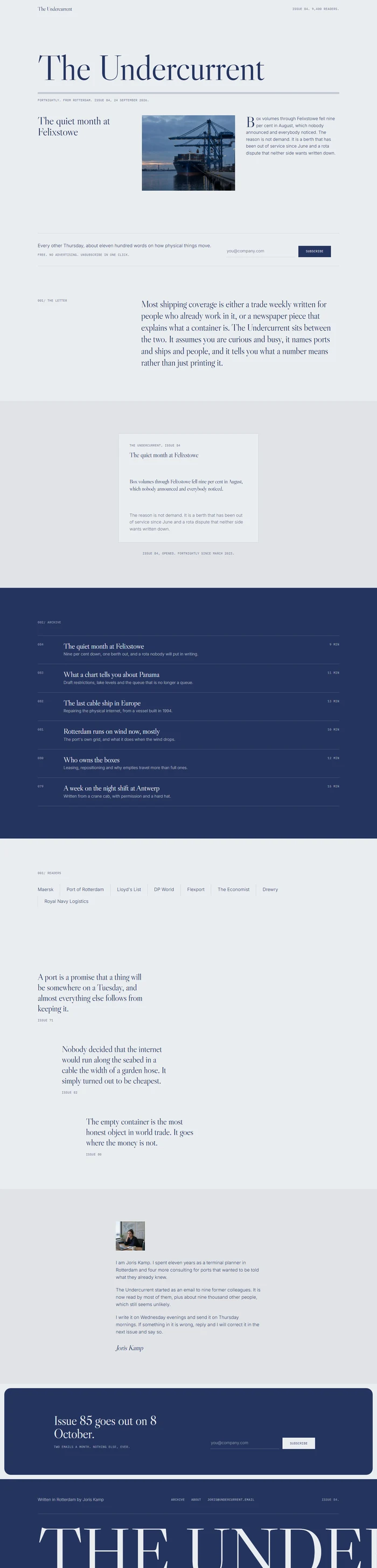 Full page of an AI-generated newsletter landing page website with a newspaper front page hero, subscribe line, statement paragraph, unfolding letter, navy ruled issue index, reader wordmarks, pull quotes, founder letter, inset subscribe panel and giant wordmark footer