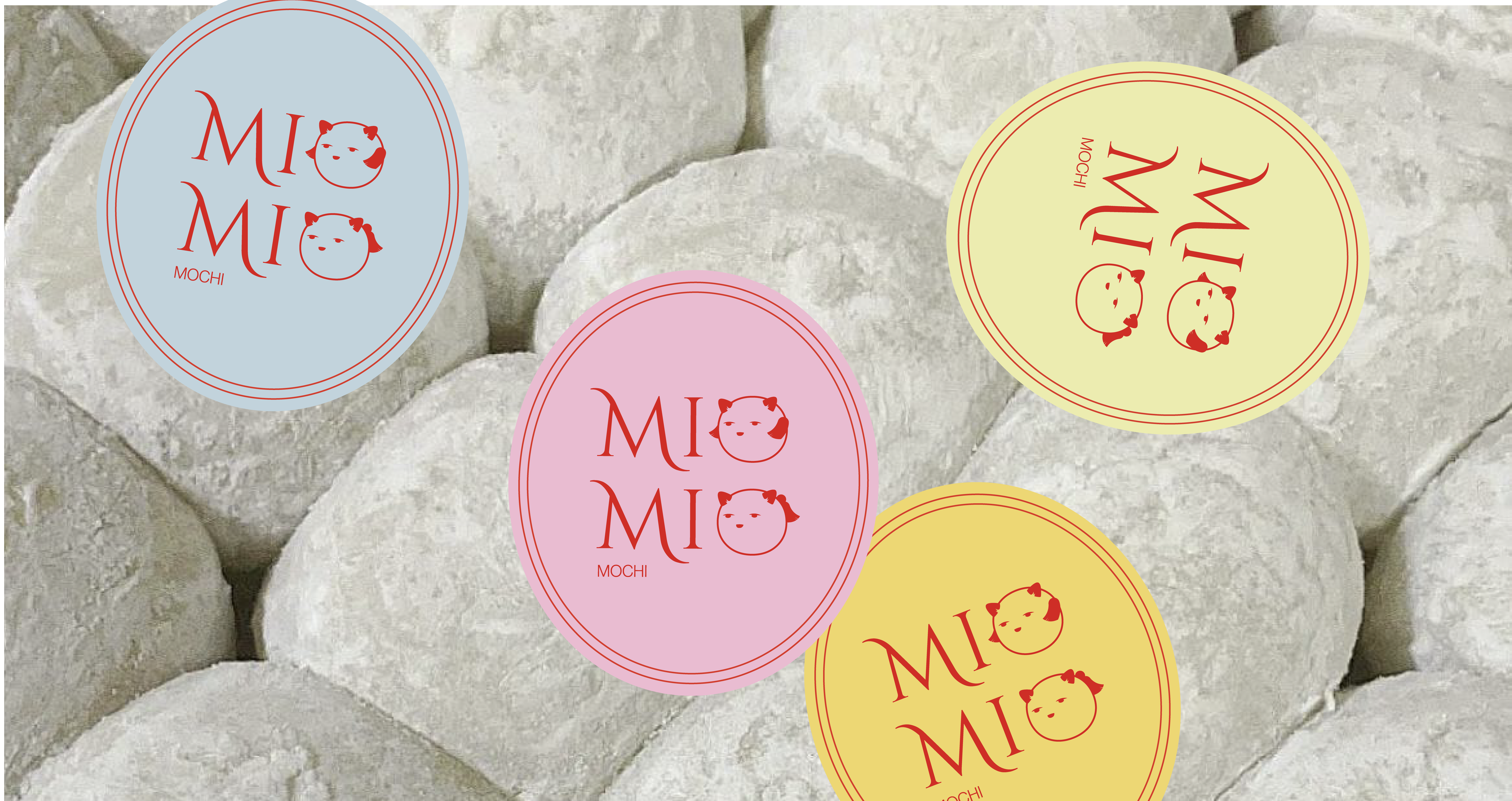 Mio Mio Mochi round stickers in pastel colors placed on mochi.