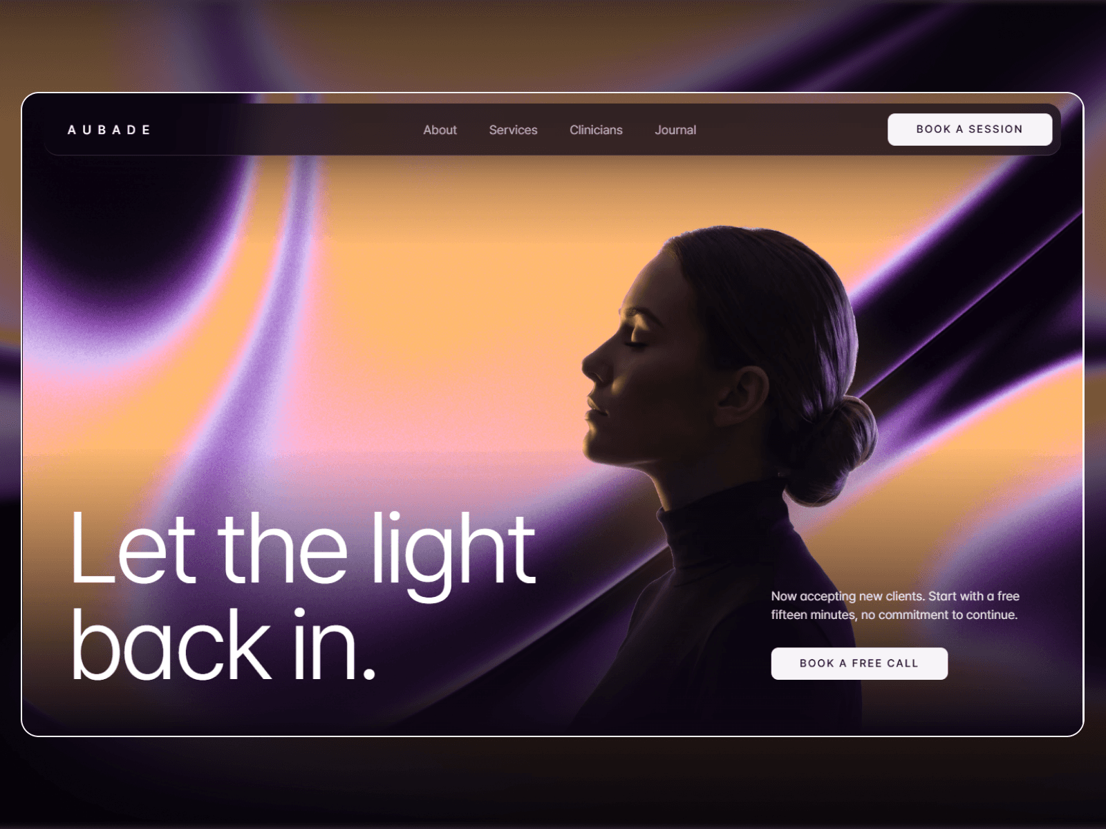 The Aubade Framer template for a therapy practice, a woman in silhouette against a soft orange and purple glow with the headline Let the light back in