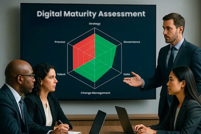 Team of strategists in a modern office discussing a graphic for digital maturity model. 