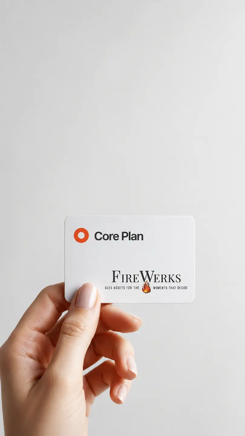 Female hand shows a card with FIreWerks Core Plan