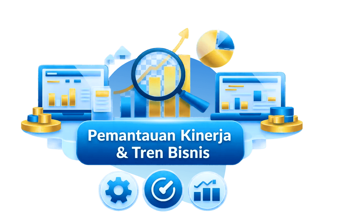 Sebuah grafik digital bergaya 3D modern dengan dominasi warna biru dan aksen emas. Di bagian tengah, terdapat spanduk (banner) biru cerah dengan teks berwarna putih yang berbunyi "Pemantauan Kinerja & Tren Bisnis