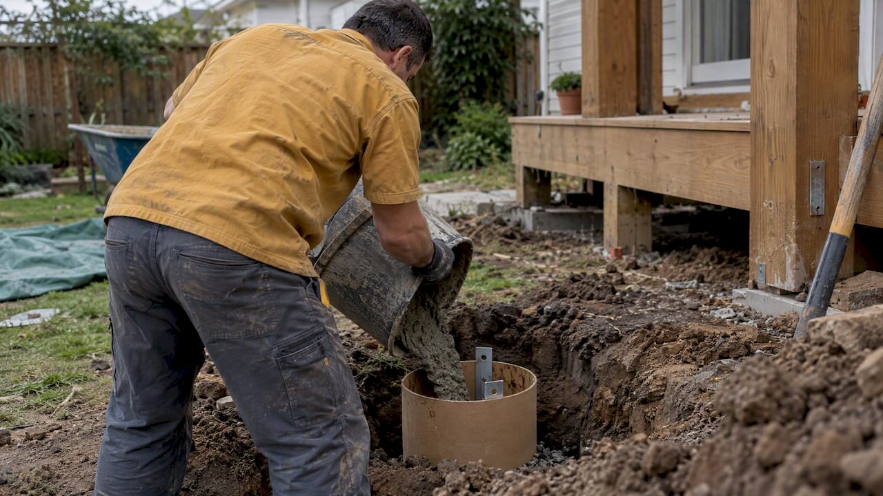Contractor pouring concrete into deck footing