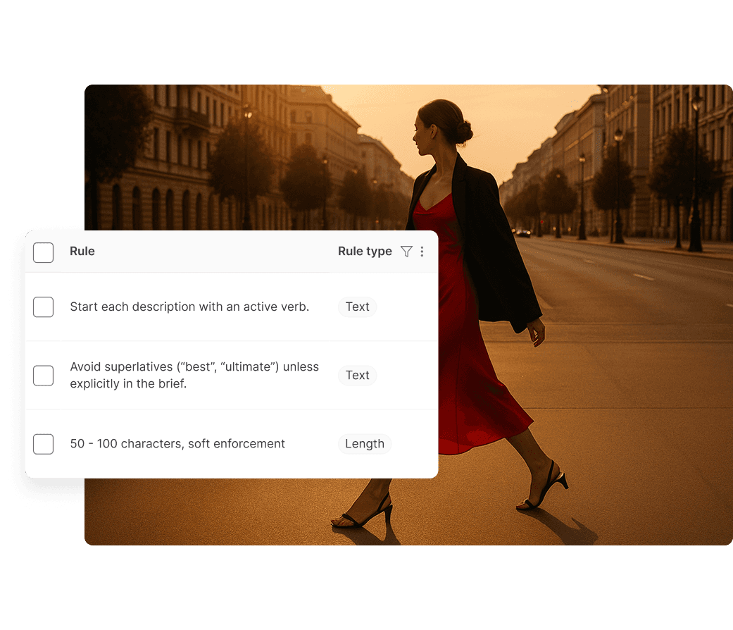 A woman in a red dress gracefully walks down an empty, sunlit city street during sunset, casting a long shadow on the pavement.