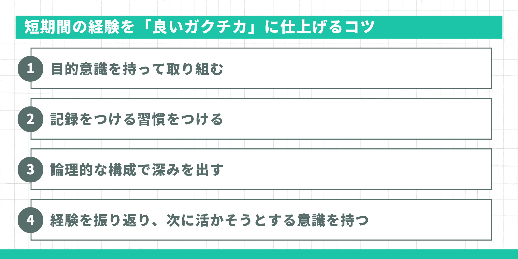 短期間の経験を「良いガクチカ」に仕上げるコツ：①目的意識を持って取り組む②記録をつける習慣をつける③論理的な構成で深みを出す④経験を振り返り次に活かそうとする意識を持つ