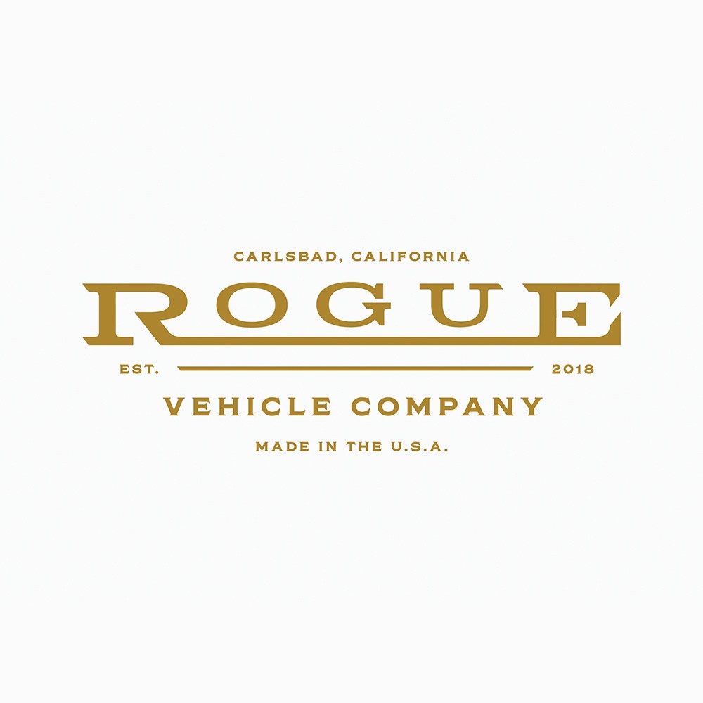 Rogue Vehicle Company serif wordmark in gold on white background