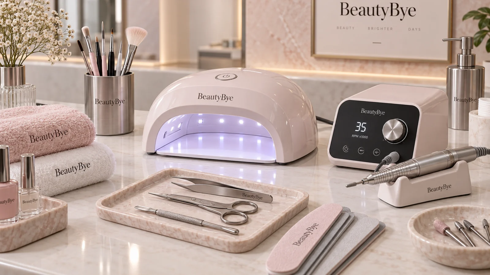 BeautyBye professional nail lamp, manicure drill and salon tools on a neutral worktop