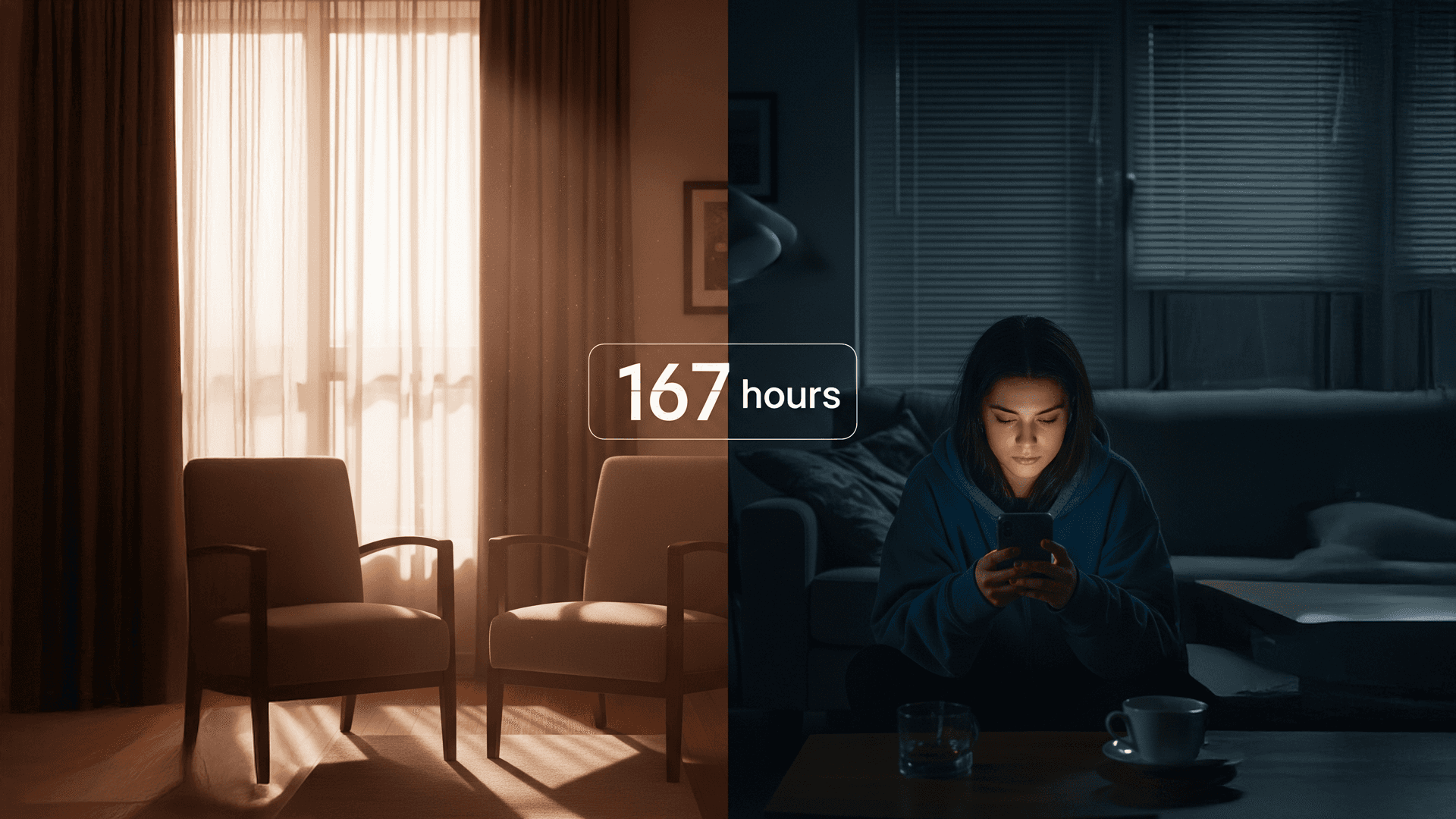 Split screen showing therapy session in bright office on left, person alone with glowing phone at home on right, with '167 hours' overlay representing time between therapy sessions