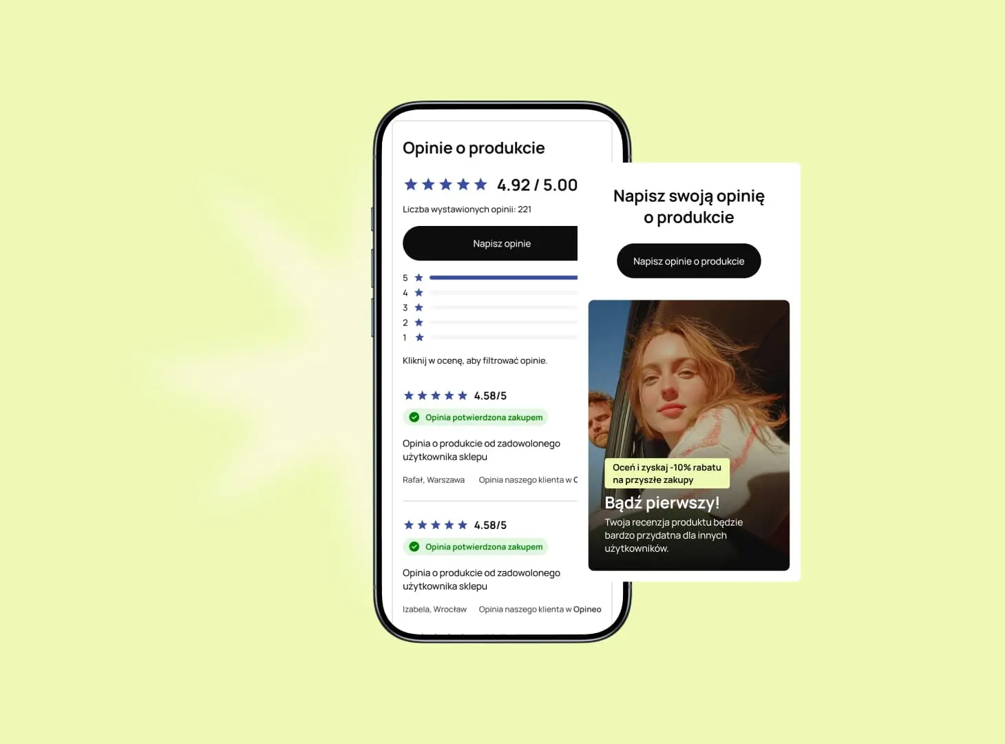 Mobile UI design for a product reviews section, featuring star ratings, customer feedback cards, and a prompt to write a new review.