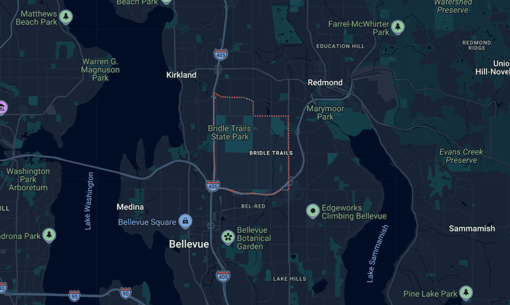 ALT TEXT Map of Bridle Trails Bellevue WA neighborhood near Bridle Trails State Park.