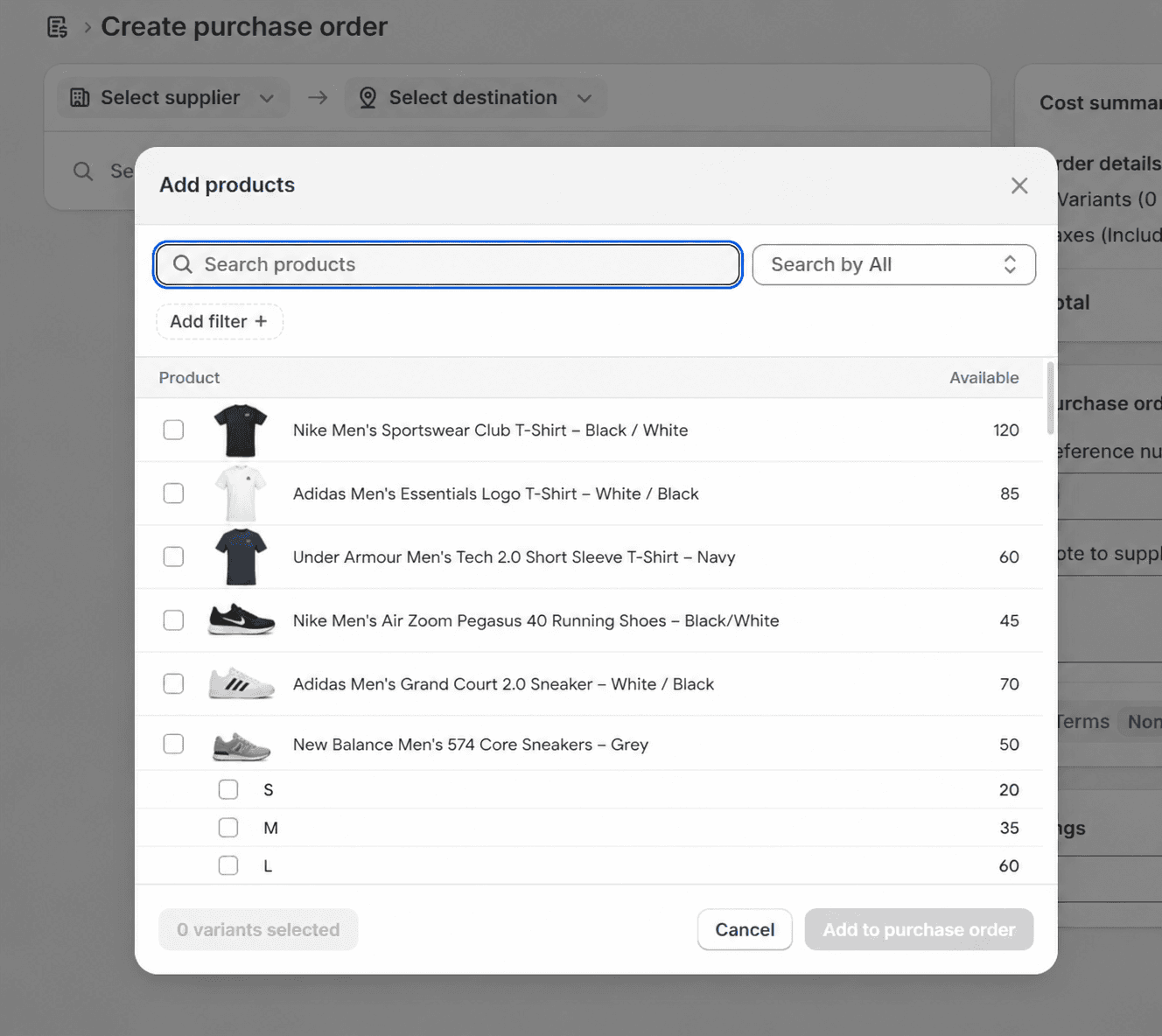 add products in shopify PO