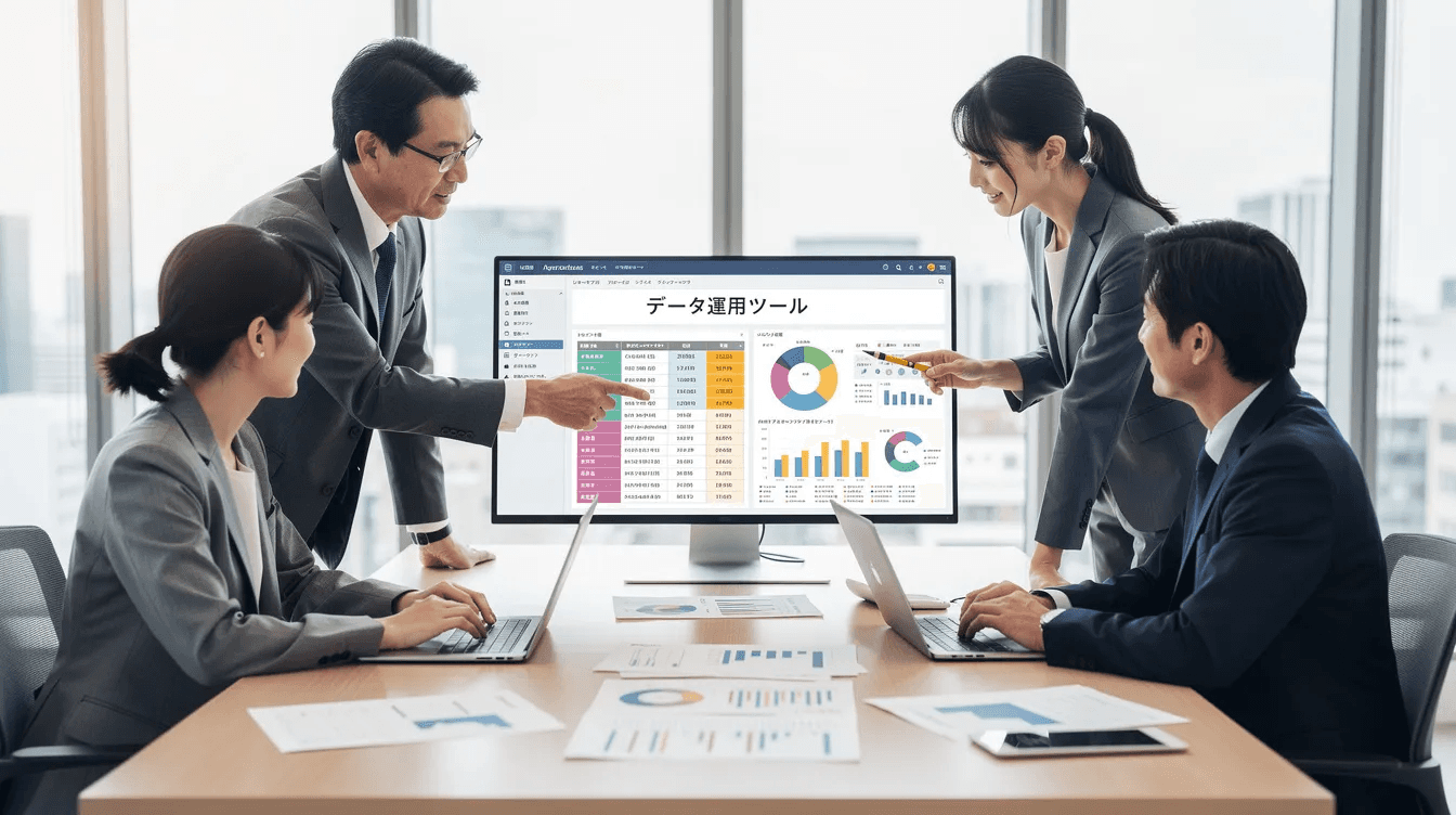 チームがデータ運用ツールを確認し、顧客情報やデータベースの運用方法について議論している様子が描かれています。会議室でのやり取りを通じて、顧客関係管理や業務効率の向上を目指す姿が伝わります。