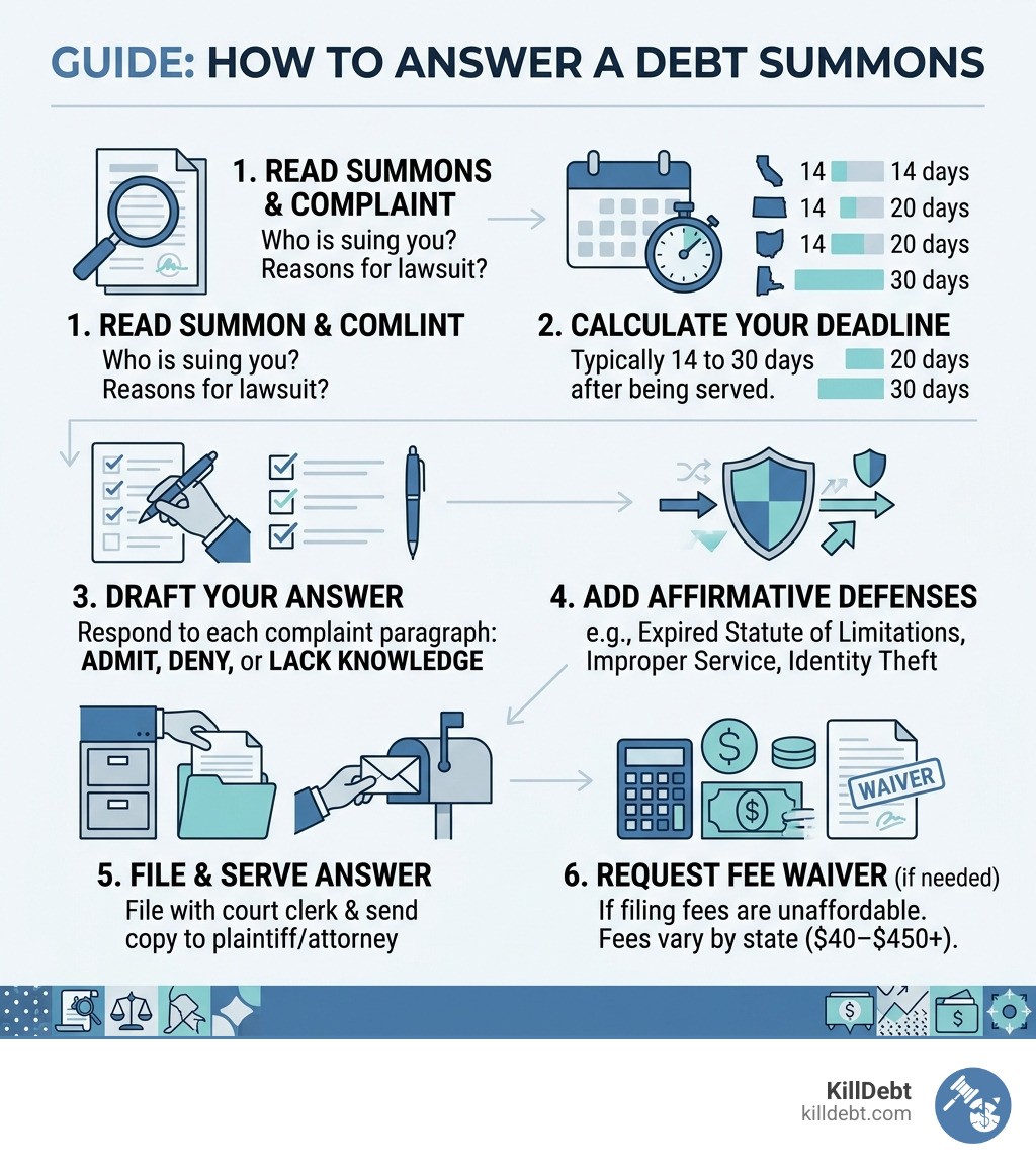 Step-by-step infographic: how to answer a debt summons, deadlines by state, and what to include - how to answer a debt
