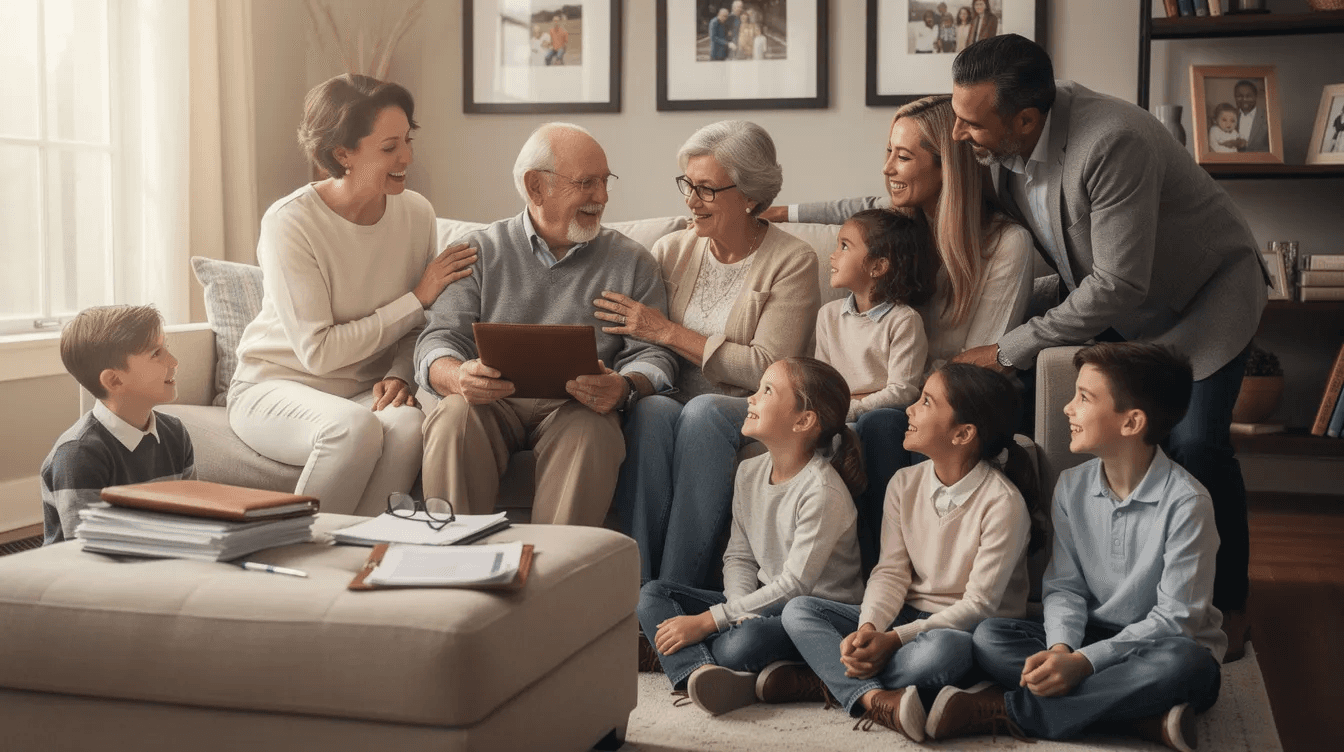 The image depicts a multi-generational family gathered together, symbolizing the importance of legacy planning and investment strategies for future generations. The scene emphasizes the value of financial advice and portfolio diversification, reflecting on how families can benefit from understanding various asset classes and investment objectives.
