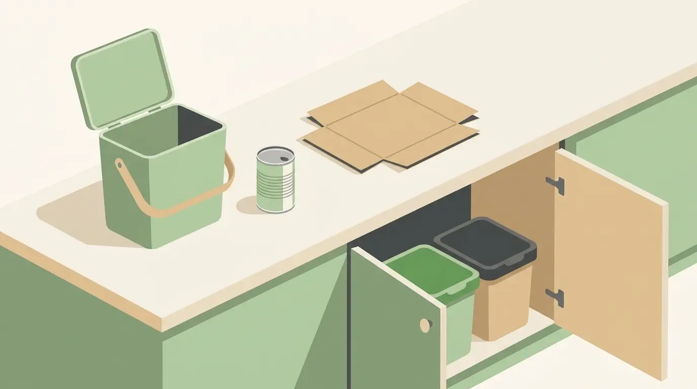 Flat illustration of a kitchen counter with a compost caddy, a rinsed can and two under-sink bins with different colored lids.