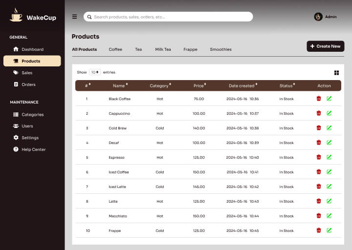 WakeCup - Products Page List