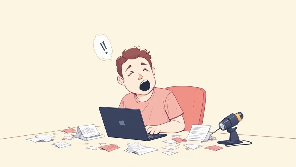 An illustration of a person speaking into a microphone with soundwaves turning into text on a computer screen.