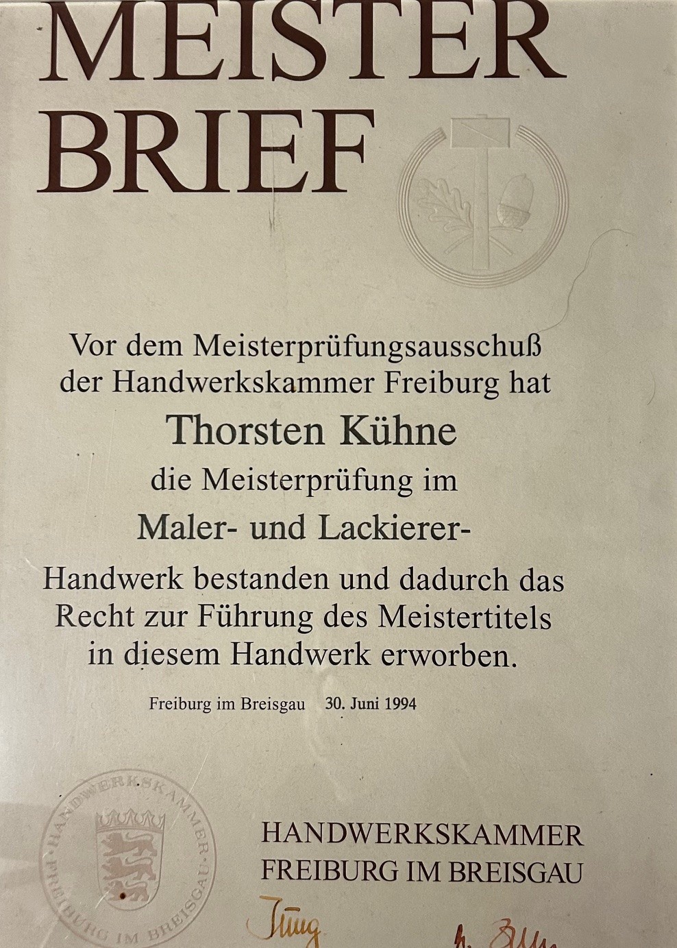 Maler Kühne Schutterwald Meister Brief Thorsten Kühne