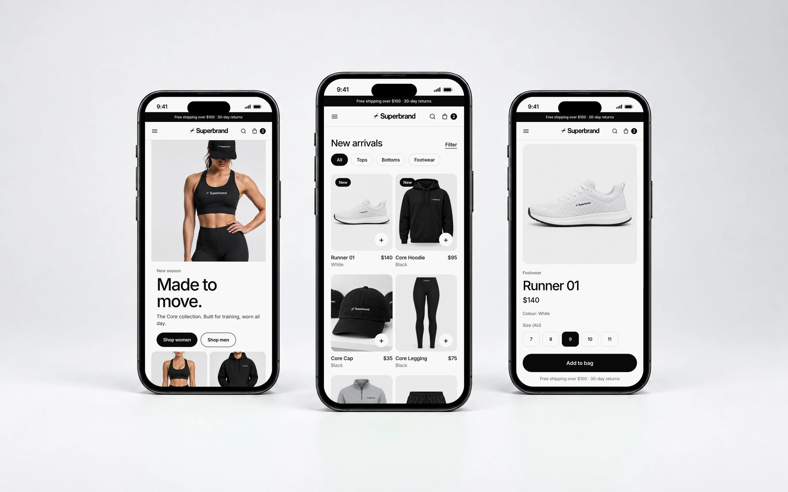 Three phones showing Superbrand store pages: the “Made to move.” home, new arrivals and the Runner 01 trainer.