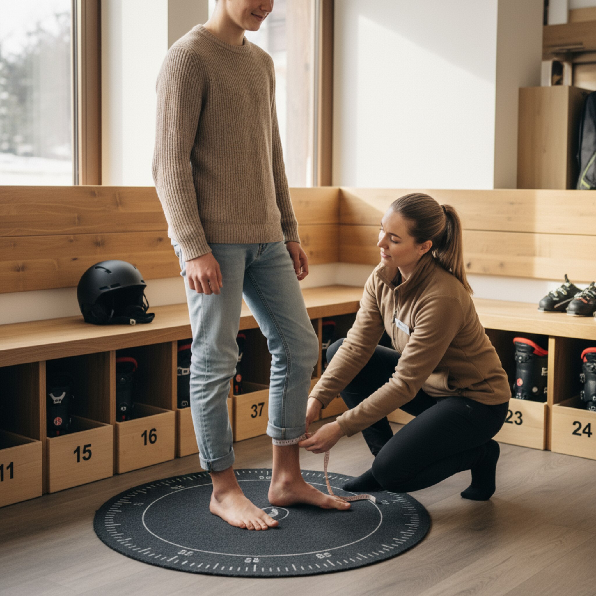 Ein Teenager steht barfuß auf einer Messmatte, eine Mitarbeiterin hält ein Maßband an den Knöchel. Neben der Bank stehen sortierte Skischuhe in nummerierten Boxen, ein Helm liegt bereit. Warmes Licht, klare Ordnung und ruhige Stimmen vermitteln Vertrauen. Die passende Set-Zuordnung entsteht selbstverständlich.