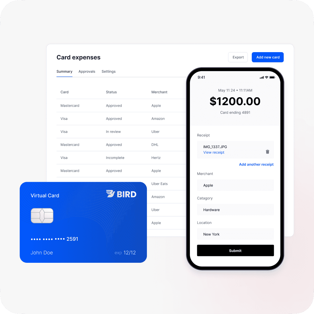 Overview of card expenses showing a virtual Bird card, a receipt entry form with a $1200 transaction, and a detailed expense table with various payment statuses.