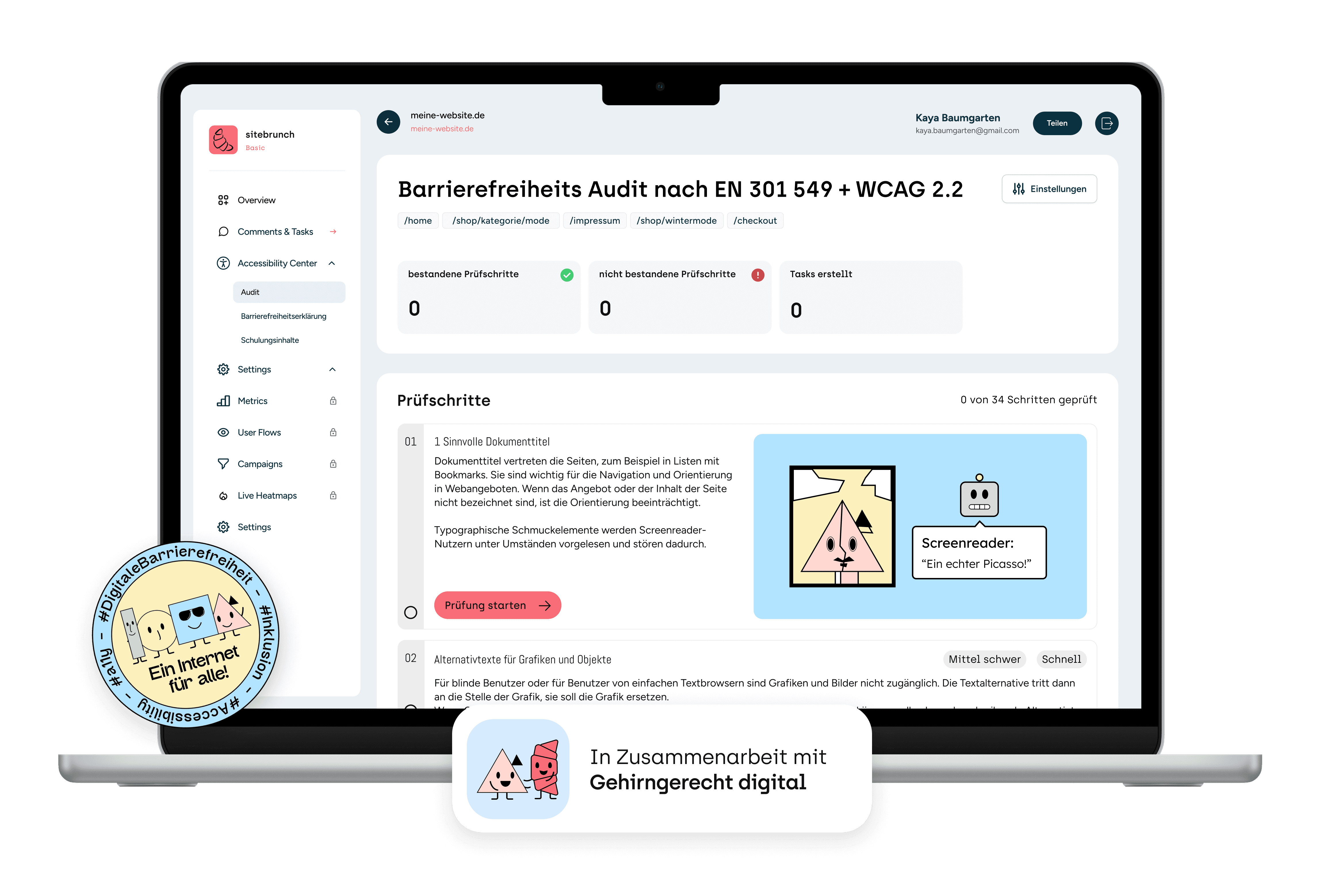Mockup des Accessibility Center Dashboards, das Barrierefreiheits-Audits nach EN 301 549 und WCAG 2.2 zeigt, entwickelt in Zusammenarbeit mit Gehirngerecht Digital