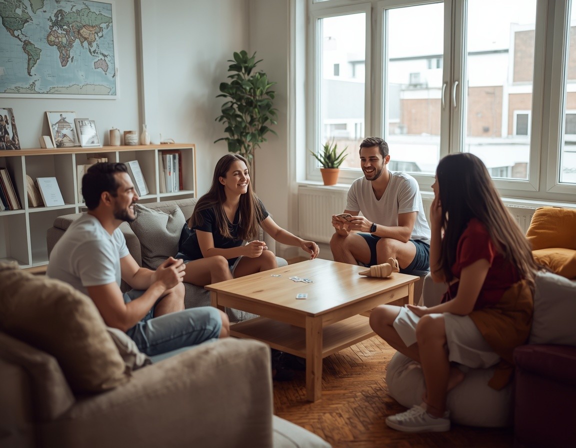 Travellers sitting together on sofas around a wooden table with a board game in the HostelX common area