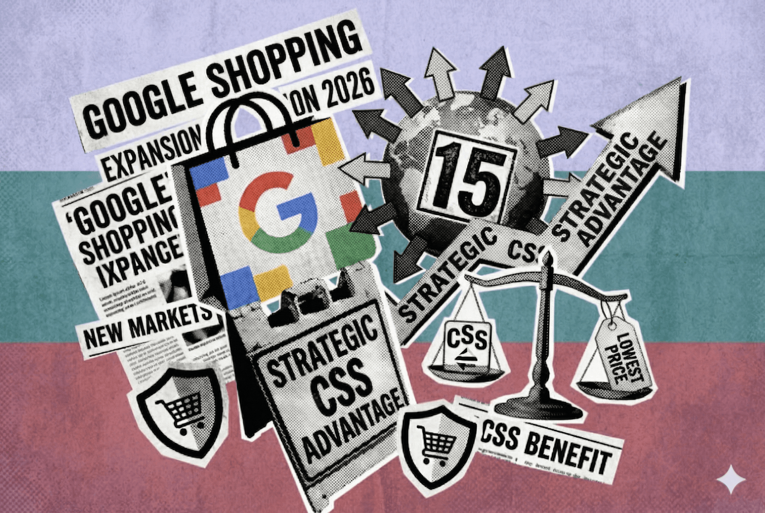 Google Shopping is now available in Bulgaria. The picture shows the bulgarian flag and the advantages of google css