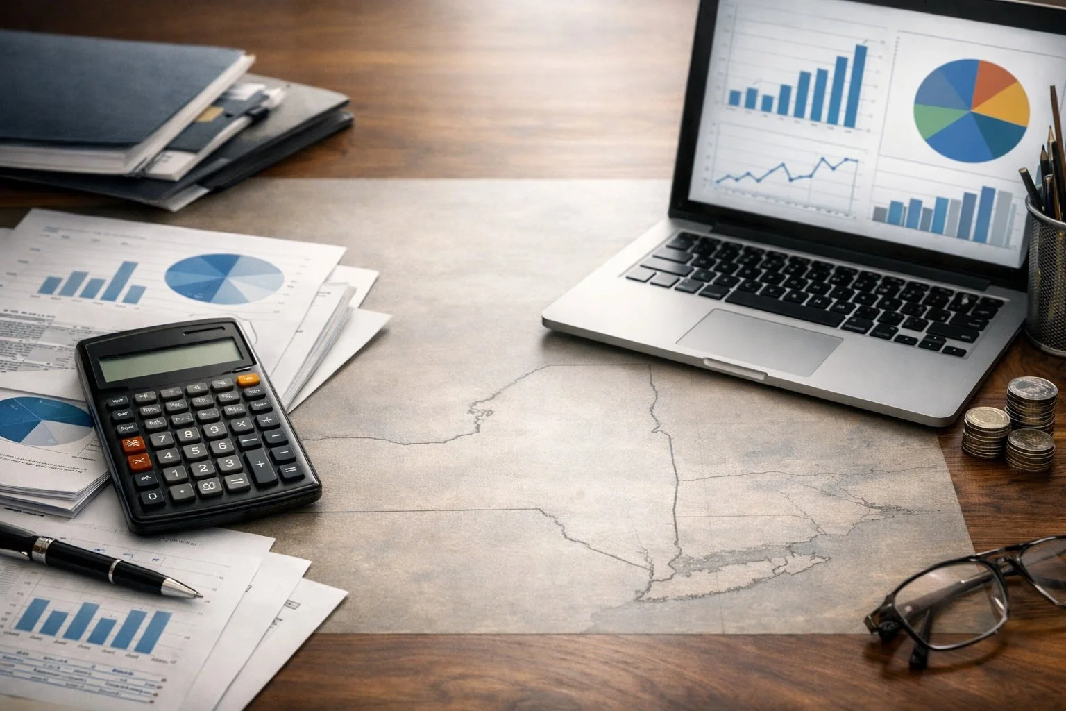 Close-up of a business workspace with financial documents, a calculator, and a laptop showing charts, next to a desk map outlining New York State.