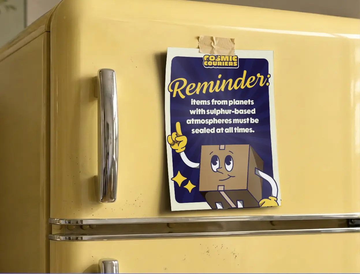 Reminder poster featuring the box mascot taped to a yellow fridge