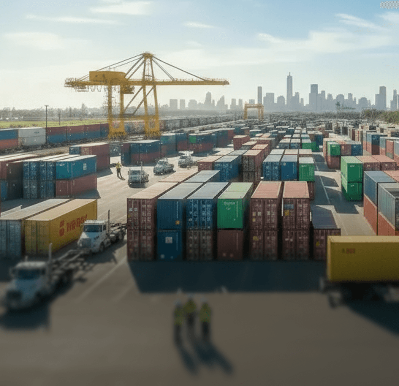 Aerial view of a busy shipping yard with colorful containers, cranes, and distant city skyline.