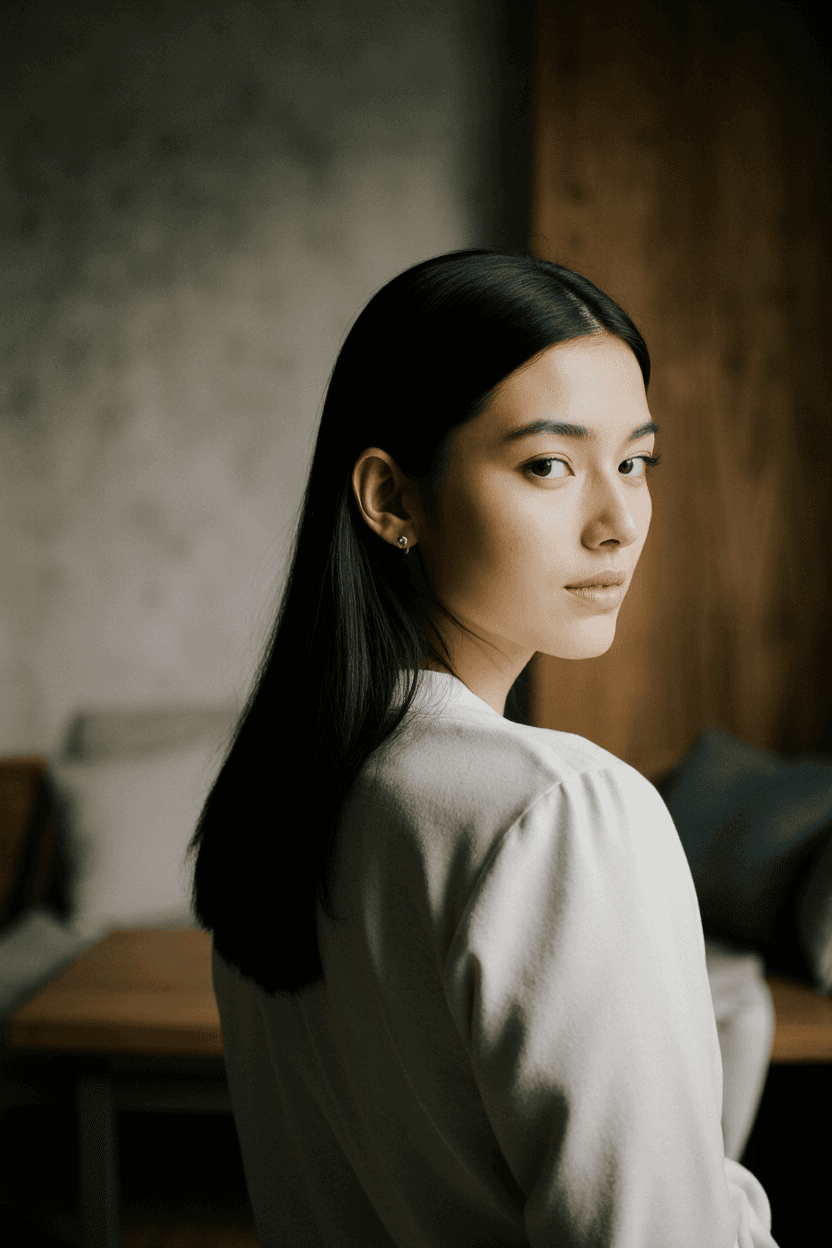 Young woman with long dark hair turning slightly toward the camera indoors.