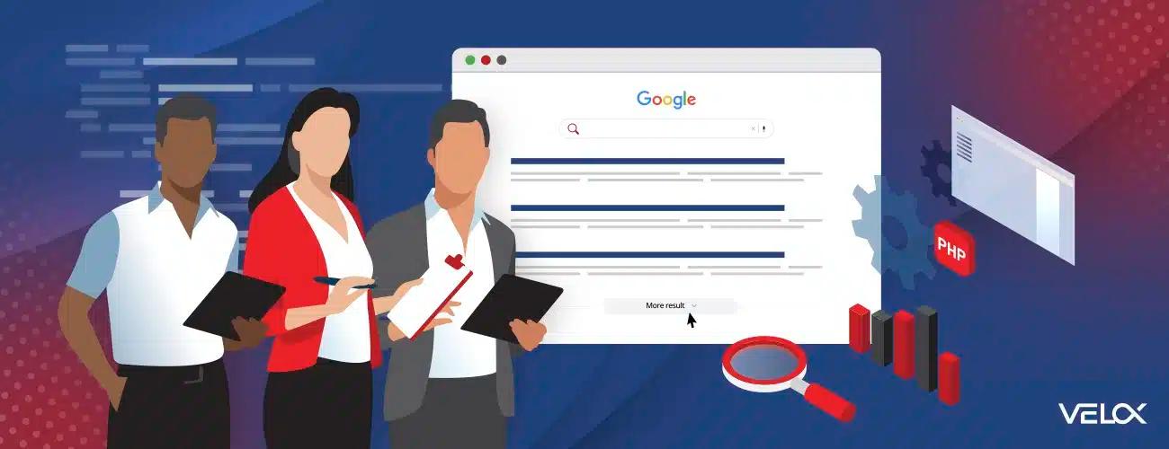 Three characters with professional attire holding clipboards with a Google search page in the background