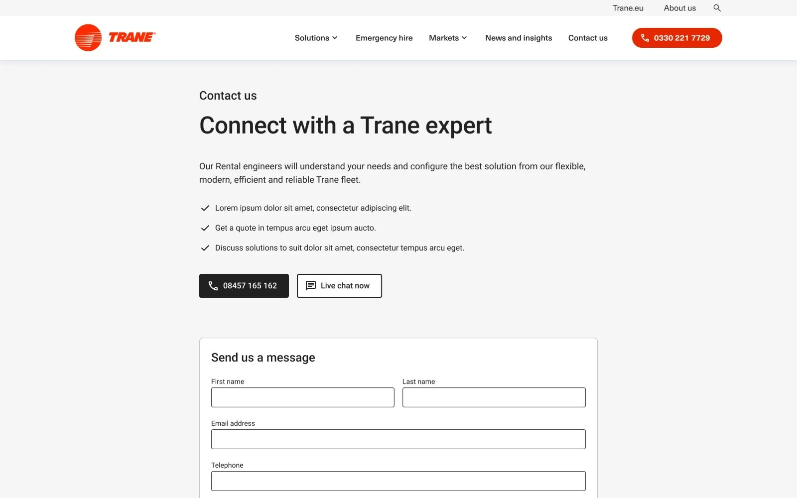 Contact us wireframe: Connect with a Trane expert, with a call button and a live chat button above the message form