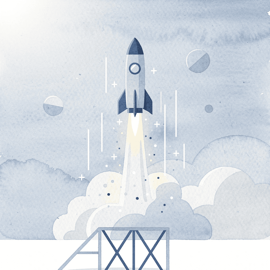 Scene illustration of a product launching upward, representing fast custom apparel delivery