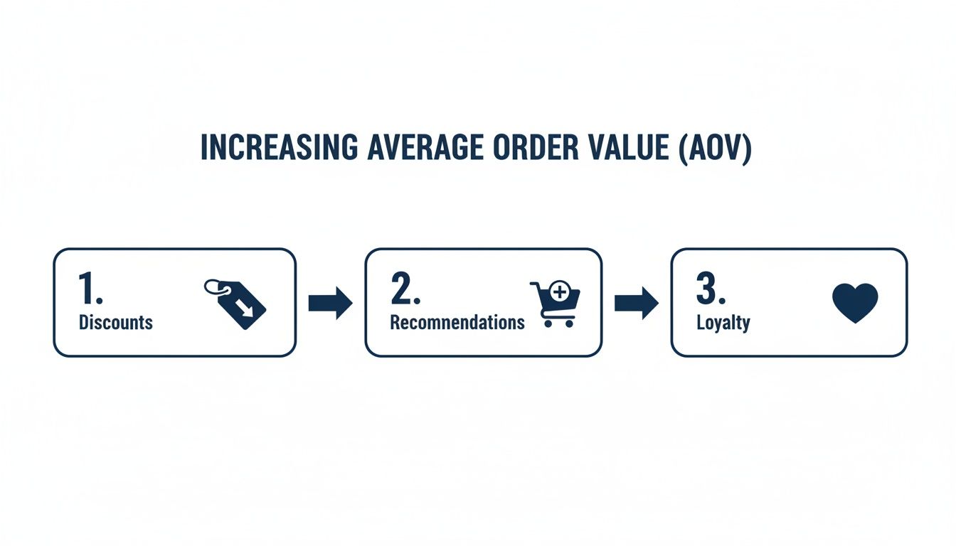 Flowchart illustrating three steps to increase average order value: discounts, recommendations, and loyalty.