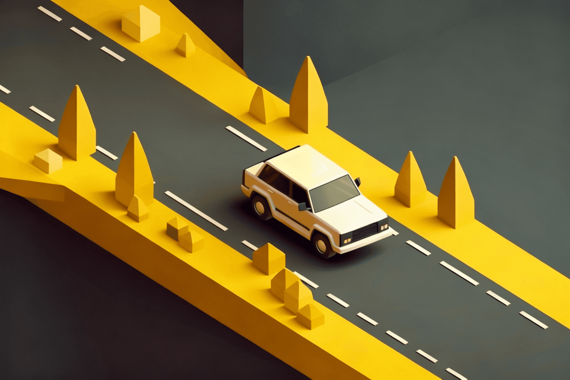 the polygon car driving with yellow roadside