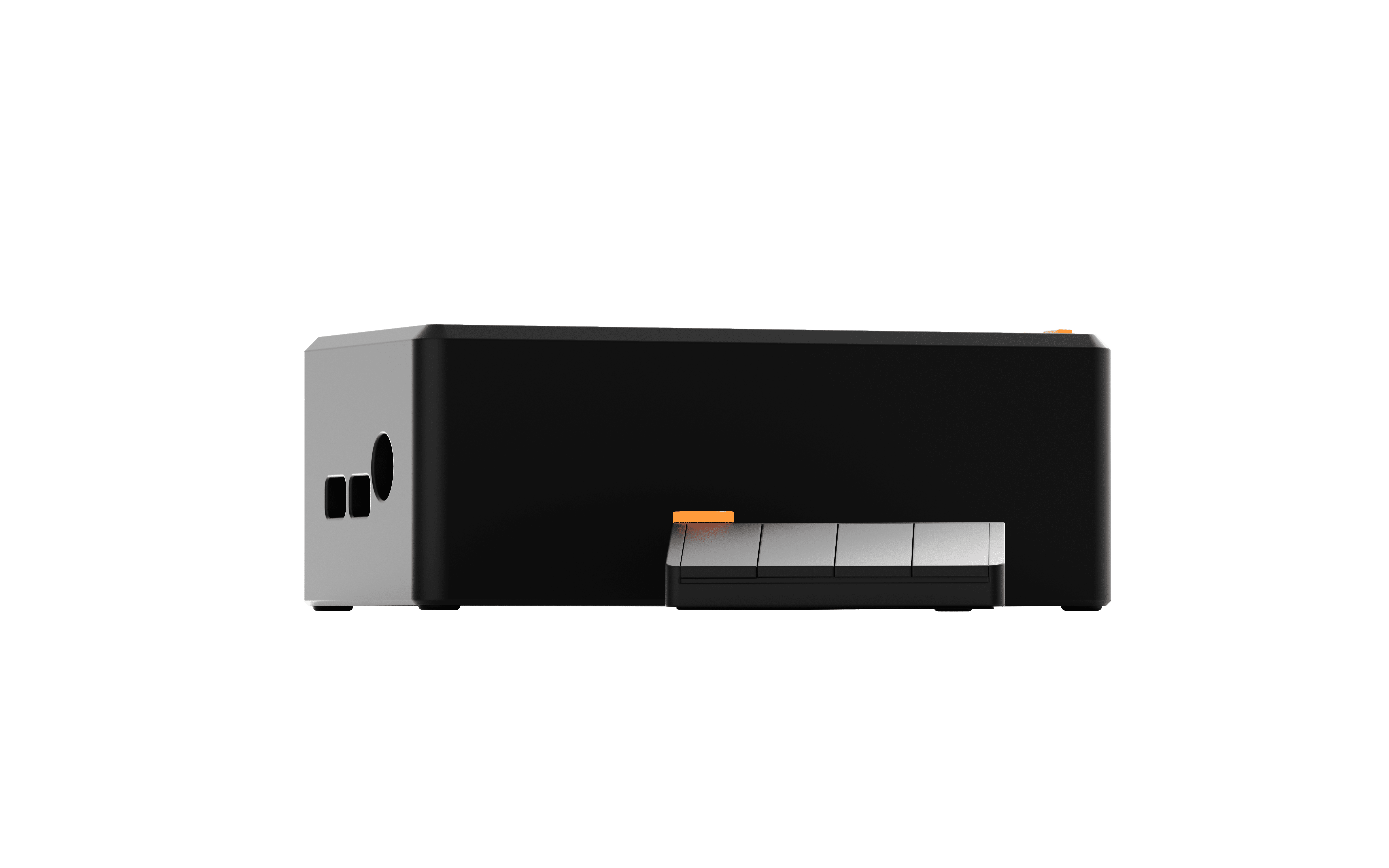 Dynamic shot of the Riff MIDI Link control device and its connection unit, both featuring the text “SOAPP 3.0”, set against a black background, with a matte white finish on the small device and a dark matte plastic finish on the control station.