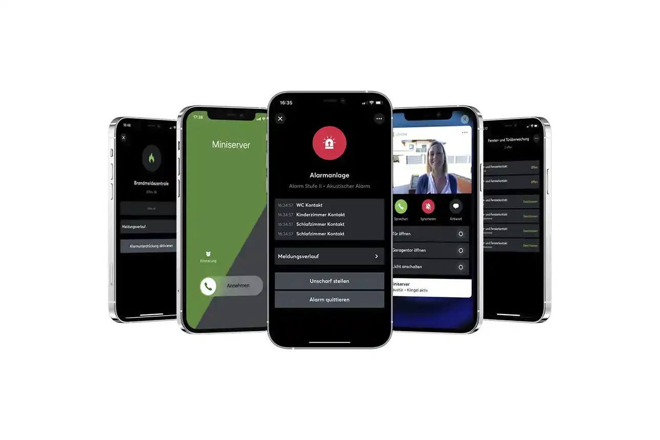 Loxone app screenshots displayed on multiple phones