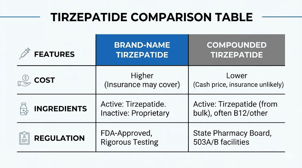 Brand-name versus compounded tirzepatide with B12 comparison chart