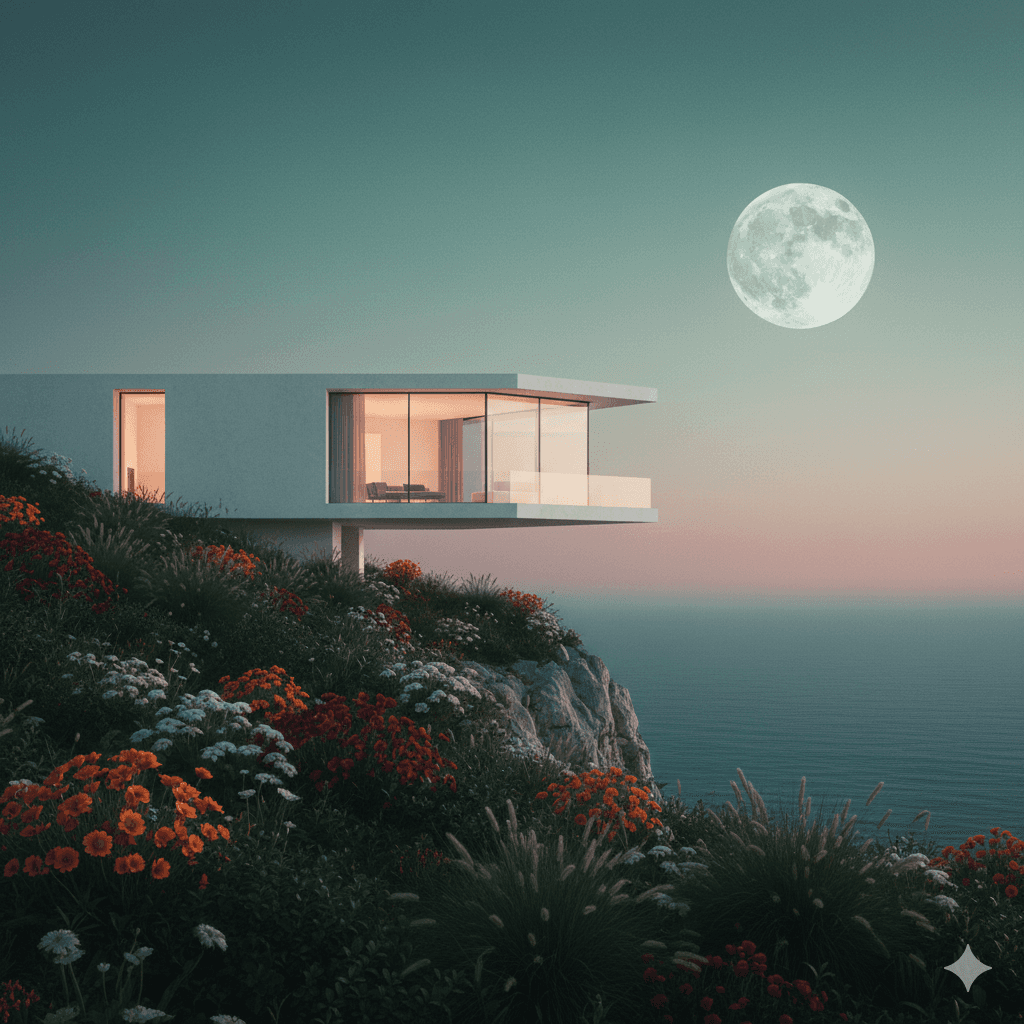 Modern white house with glass walls on a cliff, overlooking the ocean at sunset. Vibrant flowers and a large moon create a serene, dreamy atmosphere.