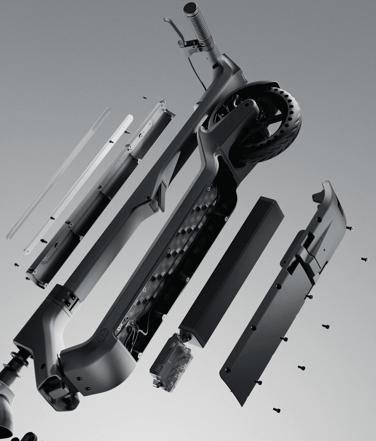 Exploded render of an electric scooter frame demonstrating product architecture, manufacturability, and component assembly.