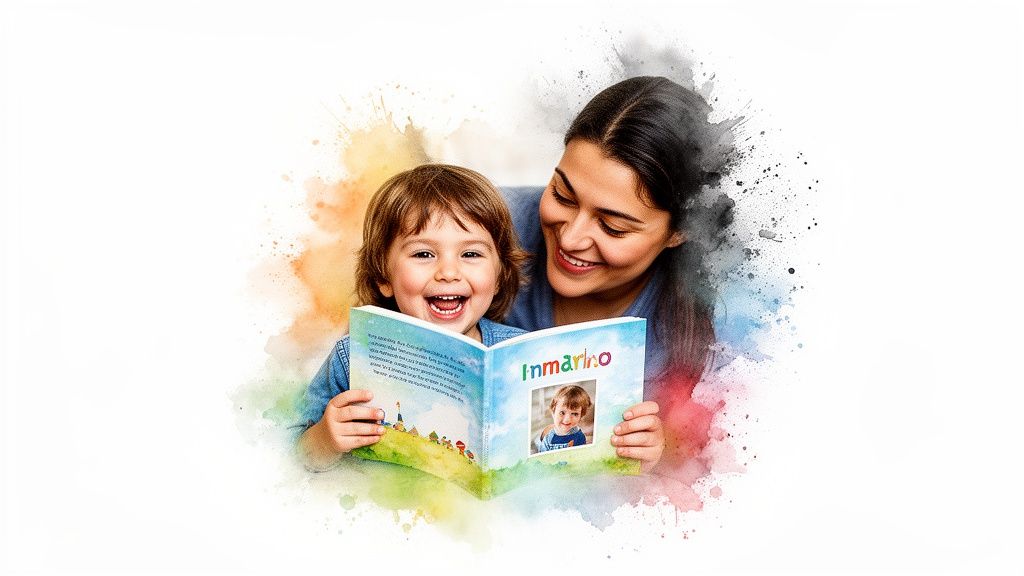 A joyful mother and child reading a personalized storybook with a watercolor background.
