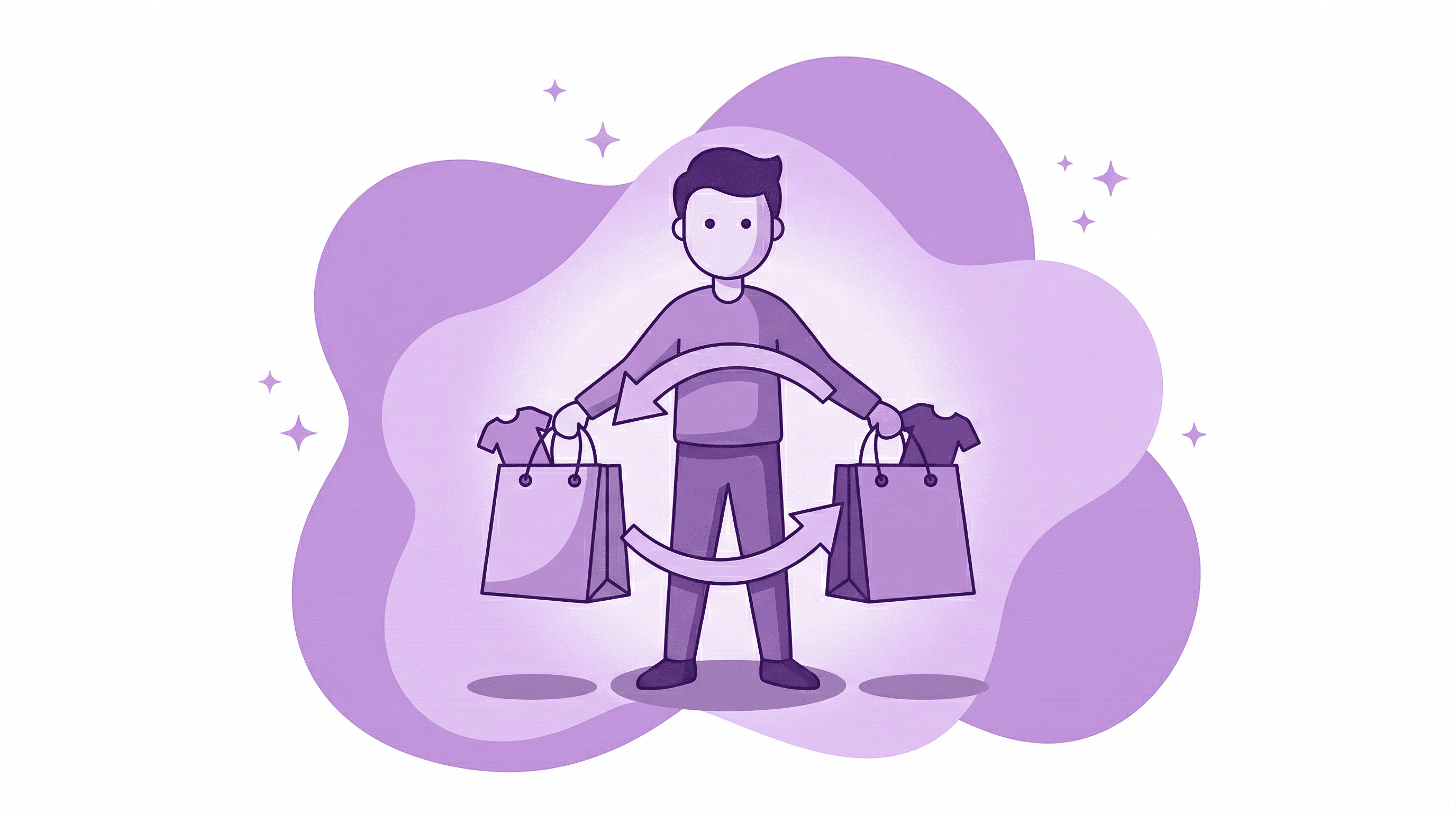 Flat purple vector illustration of a person holding two shopping bags connected by circular exchange arrows.