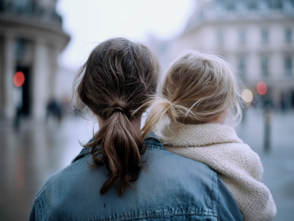 Photo from behind of the back of the heads of a woman with a pony tail carrying her young daughter