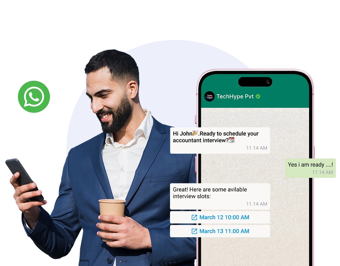 Smiling bearded man in blue suit holding coffee cup and smartphone with Wapiio's WhatsApp conversation showing TechHype Pvt scheduling an accountant interview with available time slots